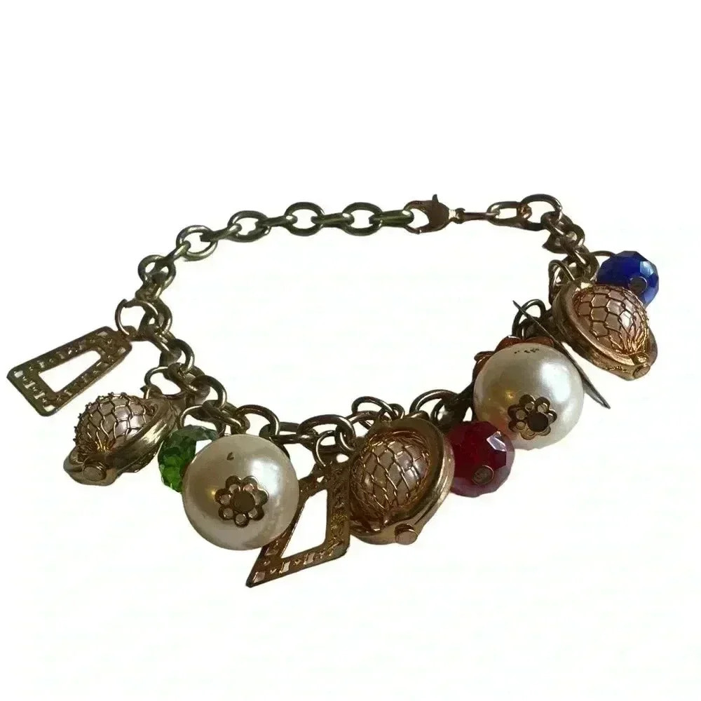 Vintage Gold beaded charm bracelet women’s jewelry dangle